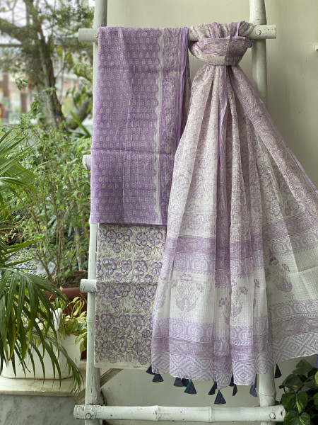 LAVENDER-OFF WHITE HAND BLOCK PRINT KOTA DUPATTA SET