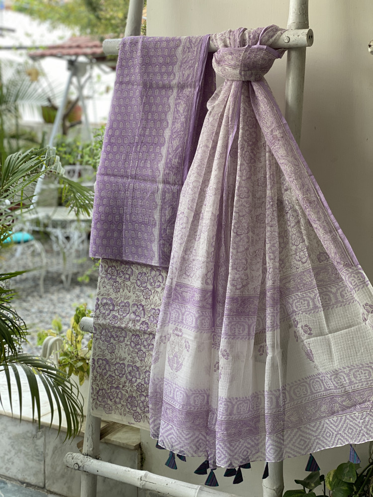 Image of LAVENDER-OFF WHITE HAND BLOCK PRINT KOTA DUPATTA SET
