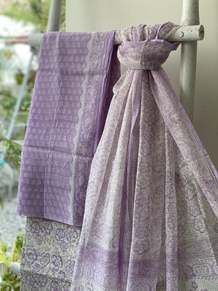 LAVENDER-OFF WHITE HAND BLOCK PRINT KOTA DUPATTA SET