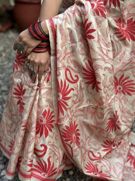 BEIGE KANTHA HAND EMBROIDERED TUSSAR  SILK SARI
