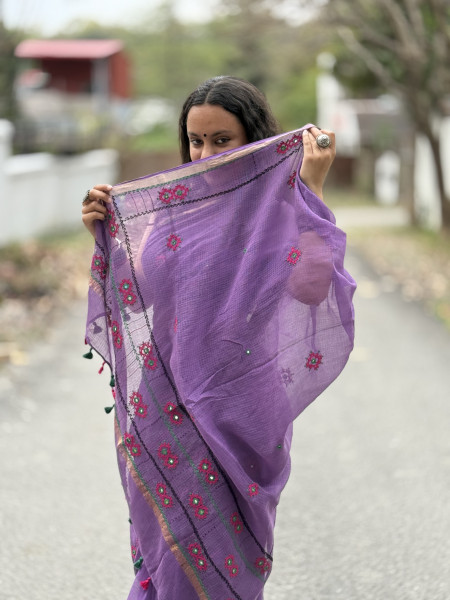 PURPLE  KOTA COTTON HAND EMBROIDERED SARI