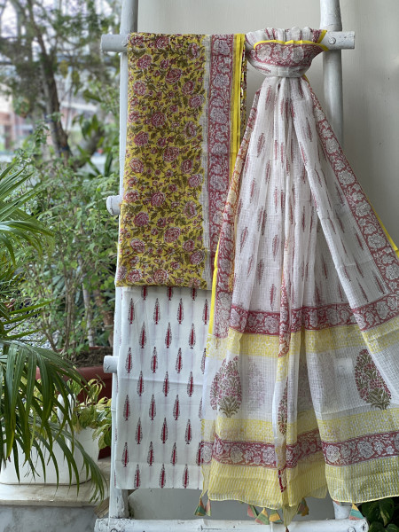 YELLOW-OFF WHITE HAND BLOCK PRINT KOTA DUPATTA SET