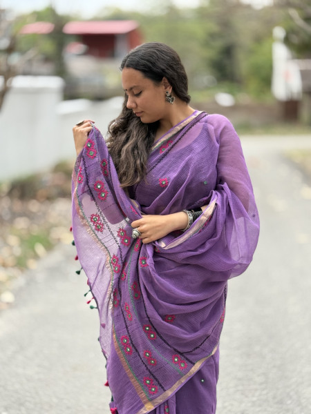 PURPLE  KOTA COTTON HAND EMBROIDERED SARI