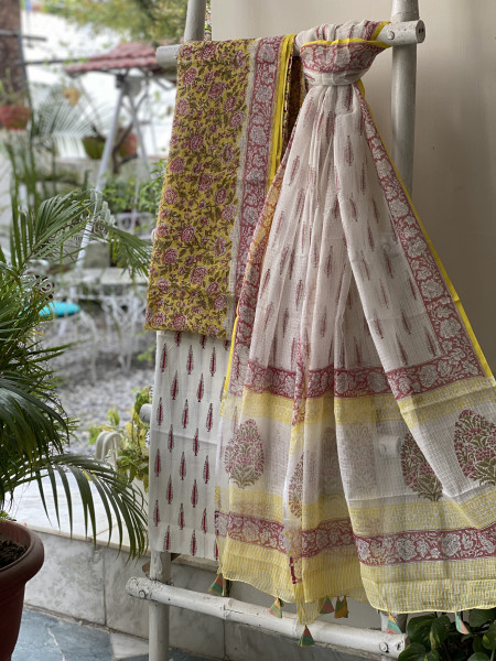 YELLOW-OFF WHITE HAND BLOCK PRINT KOTA DUPATTA SET