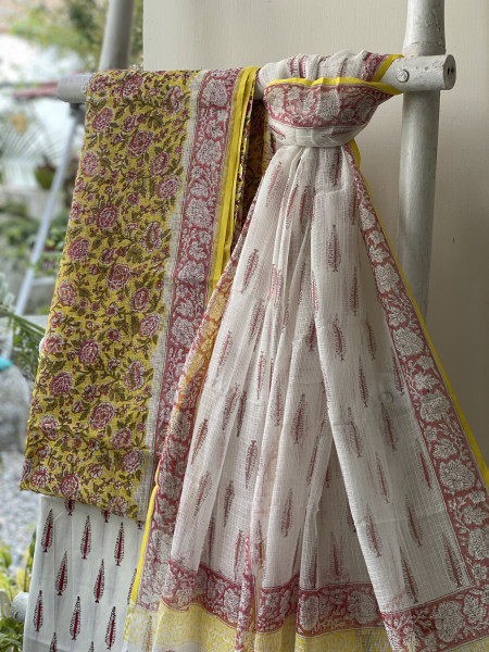 YELLOW-OFF WHITE HAND BLOCK PRINT KOTA DUPATTA SET