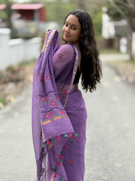 PURPLE  KOTA COTTON HAND EMBROIDERED SARI