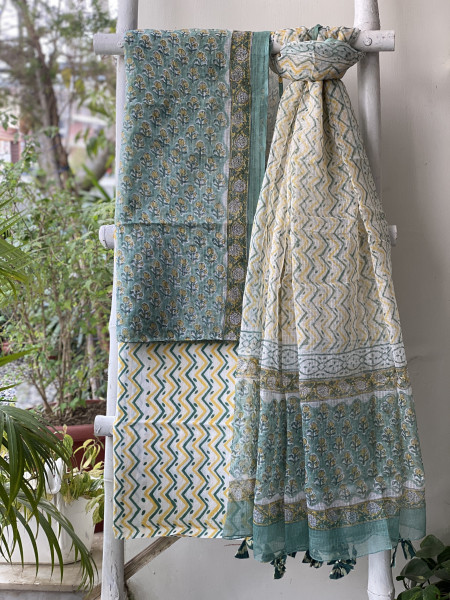 SEA GREEN-OFF WHITE HAND BLOCK PRINT KOTA DUPATTA SET