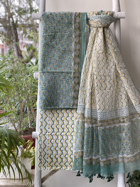 SEA GREEN-OFF WHITE HAND BLOCK PRINT KOTA DUPATTA SET