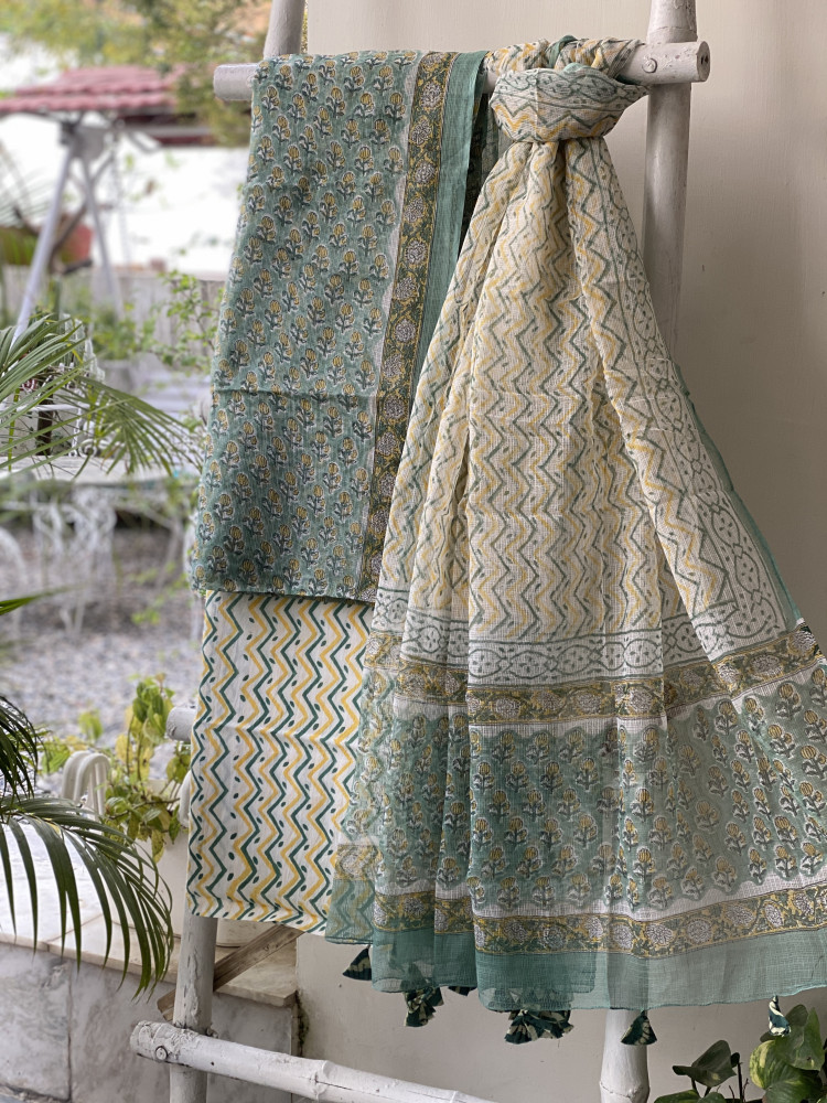 Image of SEA GREEN-OFF WHITE HAND BLOCK PRINT KOTA DUPATTA SET