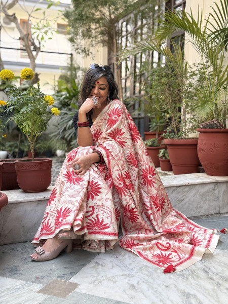 BEIGE KANTHA HAND EMBROIDERED TUSSAR  SILK SARI