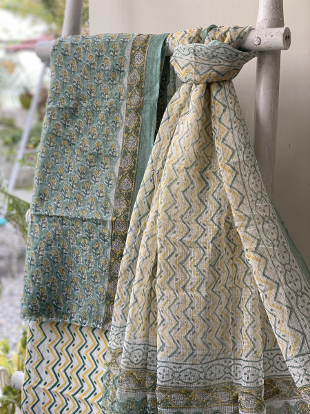 SEA GREEN-OFF WHITE HAND BLOCK PRINT KOTA DUPATTA SET