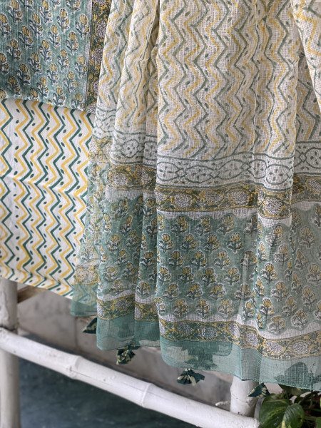 SEA GREEN-OFF WHITE HAND BLOCK PRINT KOTA DUPATTA SET