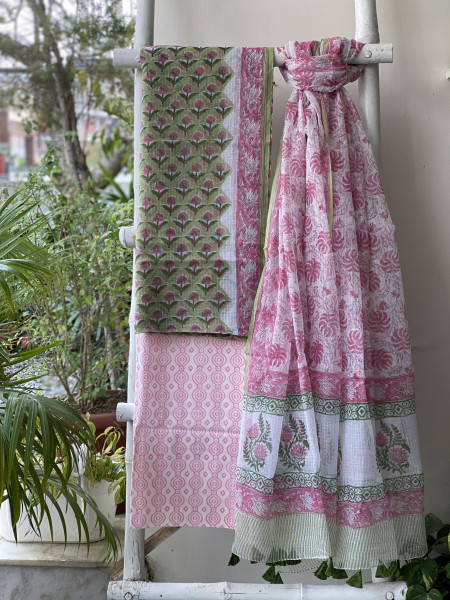 LIME GREEN-OFF WHITE HAND BLOCK PRINT KOTA DUPATTA SET