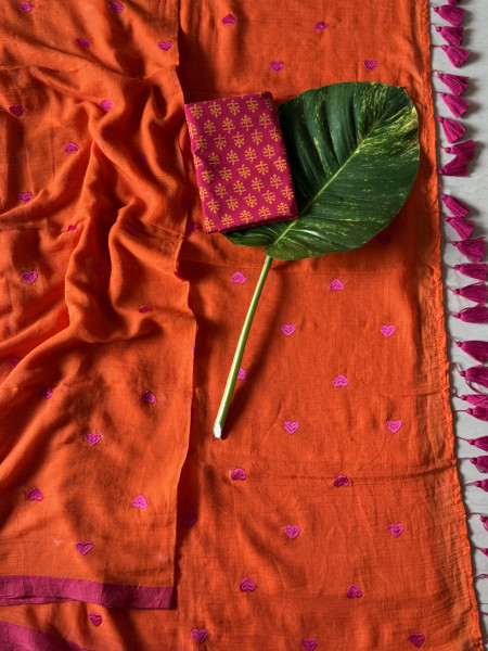 ORANGE COTTON MULMUL EMBROIDERED SARI