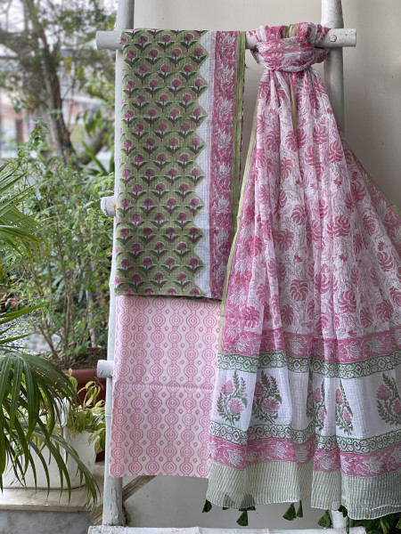 LIME GREEN-OFF WHITE HAND BLOCK PRINT KOTA DUPATTA SET