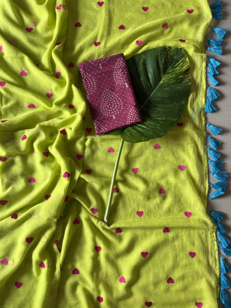 NEON GREEN COTTON MULMUL EMBROIDERED SARI
