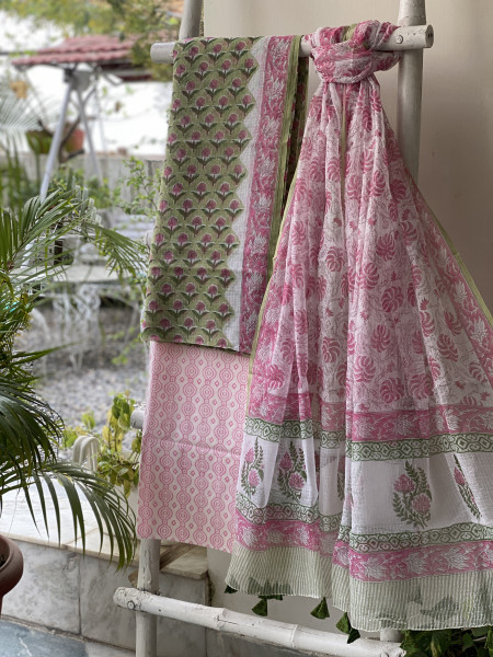 LIME GREEN-OFF WHITE HAND BLOCK PRINT KOTA DUPATTA SET