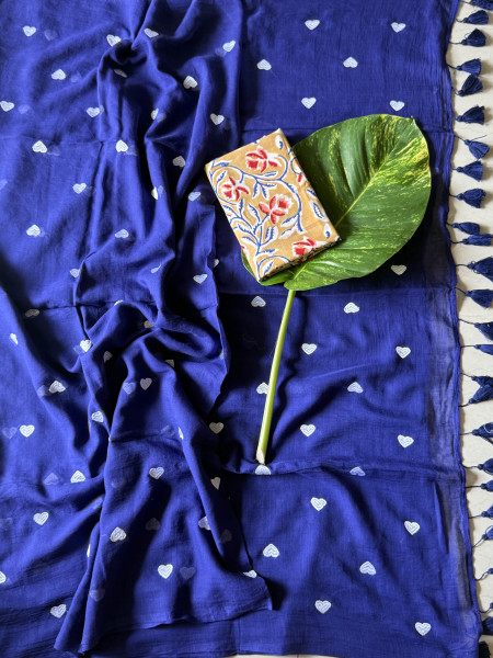 ROYAL BLUE COTTON MULMUL EMBROIDERED SARI