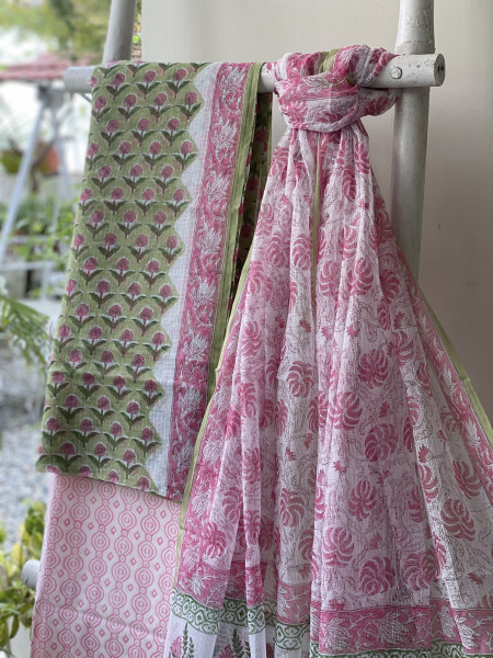 LIME GREEN-OFF WHITE HAND BLOCK PRINT KOTA DUPATTA SET