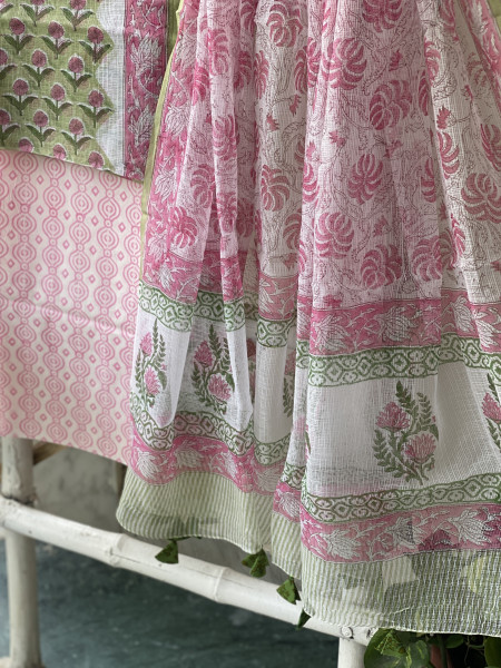 LIME GREEN-OFF WHITE HAND BLOCK PRINT KOTA DUPATTA SET