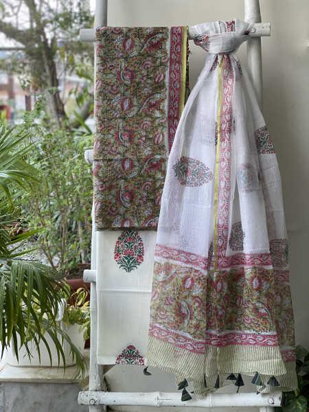 GREEN-OFF WHITE HAND BLOCK PRINT KOTA DUPATTA SET