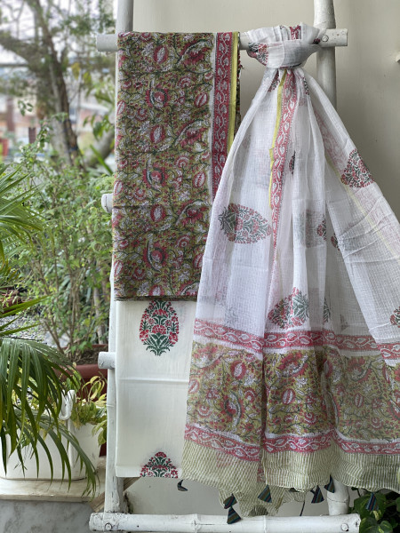 GREEN-OFF WHITE HAND BLOCK PRINT KOTA DUPATTA SET