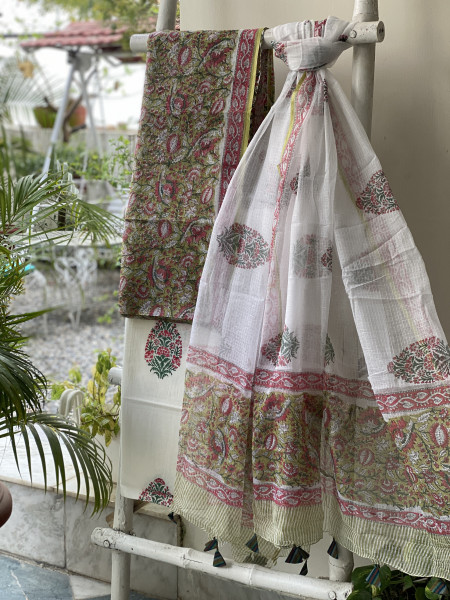 GREEN-OFF WHITE HAND BLOCK PRINT KOTA DUPATTA SET