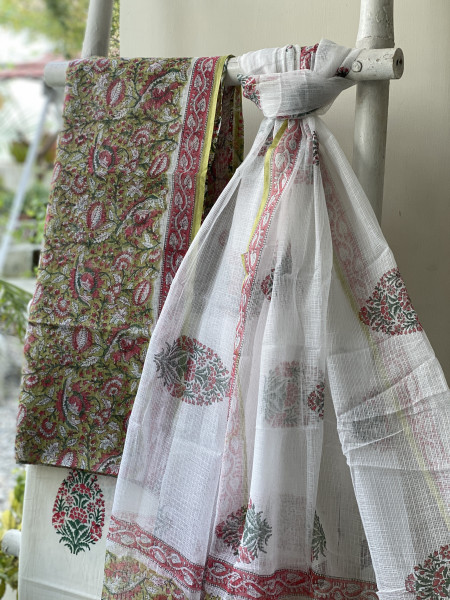 GREEN-OFF WHITE HAND BLOCK PRINT KOTA DUPATTA SET
