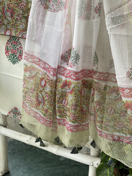 GREEN-OFF WHITE HAND BLOCK PRINT KOTA DUPATTA SET