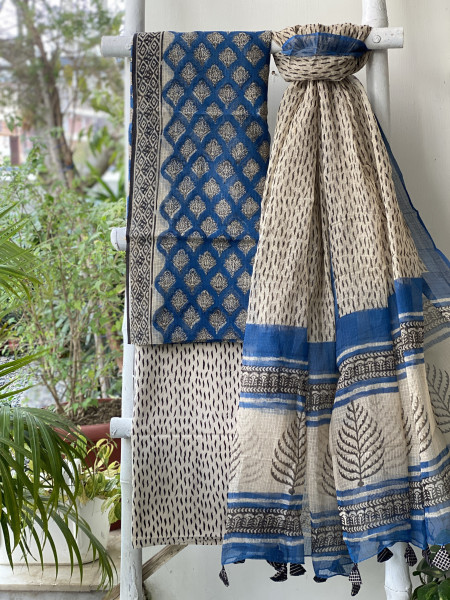BLUE-BEIGE HAND BLOCK "BAGH" PRINT KOTA DUPATTA SET