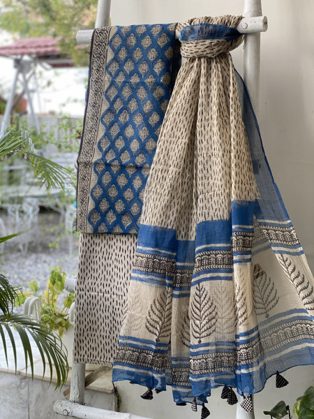BLUE-BEIGE HAND BLOCK "BAGH" PRINT KOTA DUPATTA SET