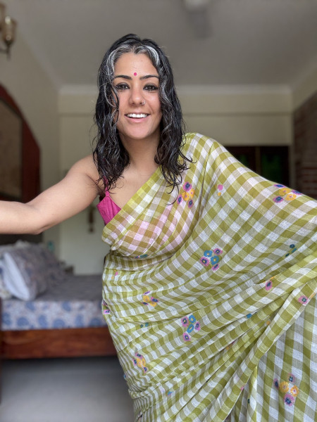 LIME GREEN GINGHAM CHECKS WITH HAND PAINTING MULMUL COTTON SARI
