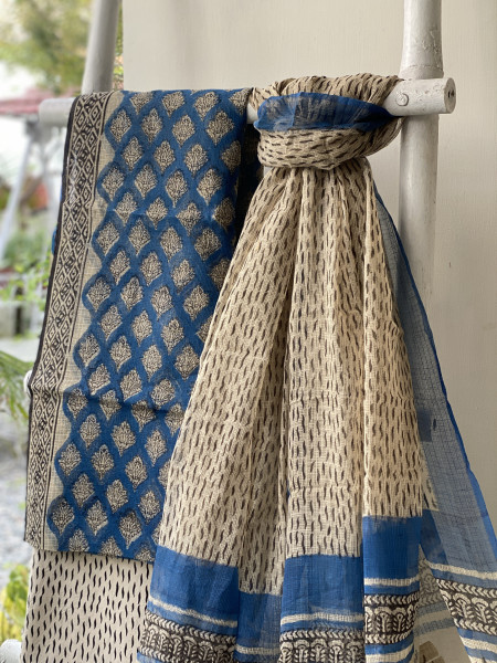BLUE-BEIGE HAND BLOCK "BAGH" PRINT KOTA DUPATTA SET