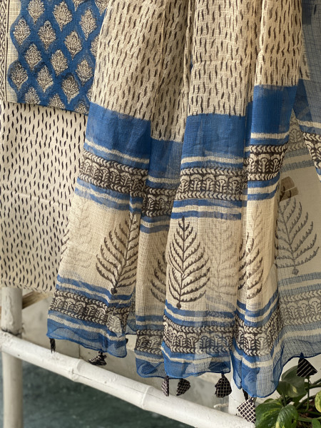 BLUE-BEIGE HAND BLOCK "BAGH" PRINT KOTA DUPATTA SET