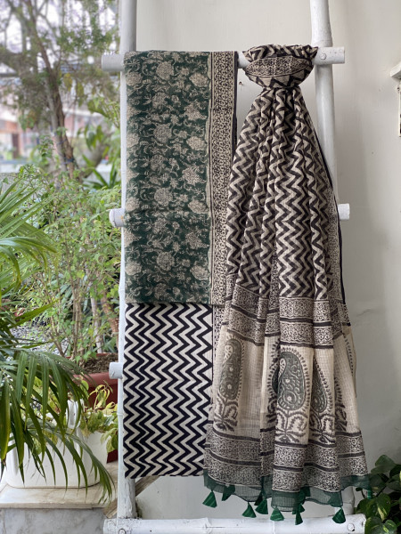 GREEN-BEIGE HAND BLOCK "BAGH" PRINT KOTA DUPATTA SET