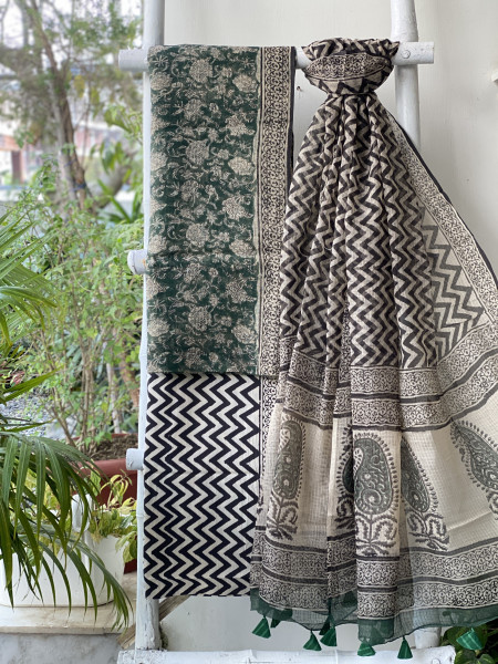 GREEN-BEIGE HAND BLOCK "BAGH" PRINT KOTA DUPATTA SET
