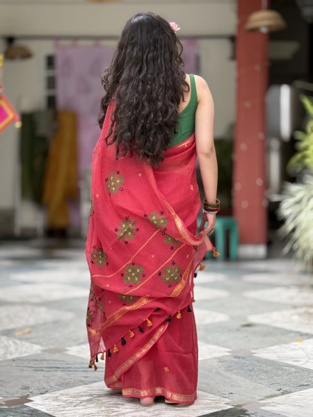 RED KOTA COTTON HAND EMBROIDERED SARI