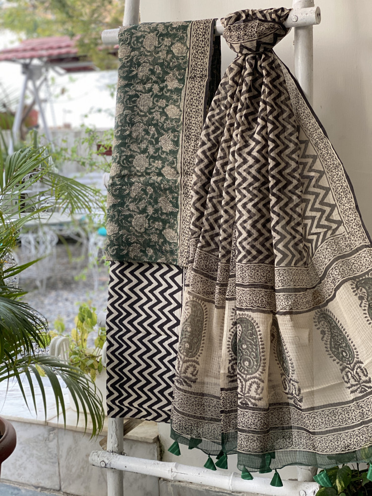 Image of GREEN-BEIGE HAND BLOCK "BAGH" PRINT KOTA DUPATTA SET