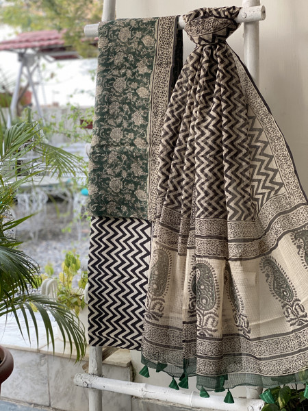 GREEN-BEIGE HAND BLOCK "BAGH" PRINT KOTA DUPATTA SET