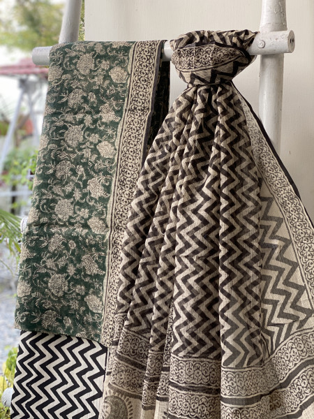 GREEN-BEIGE HAND BLOCK "BAGH" PRINT KOTA DUPATTA SET