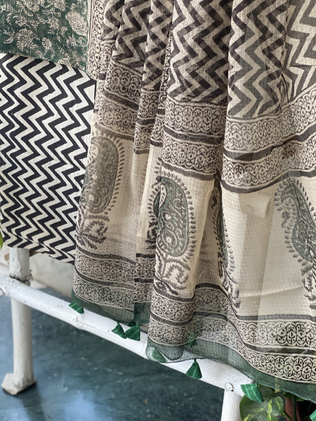 GREEN-BEIGE HAND BLOCK "BAGH" PRINT KOTA DUPATTA SET