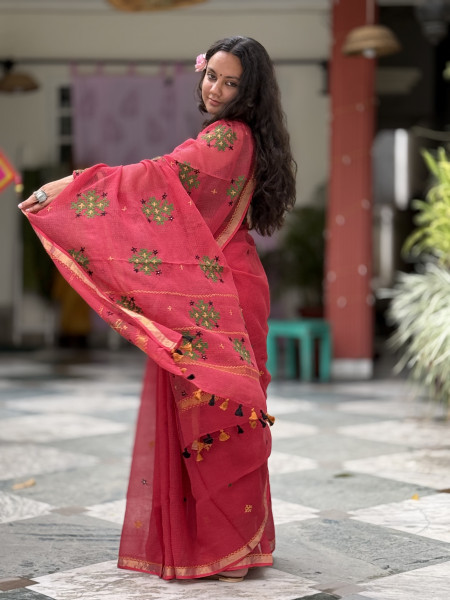 RED KOTA COTTON HAND EMBROIDERED SARI