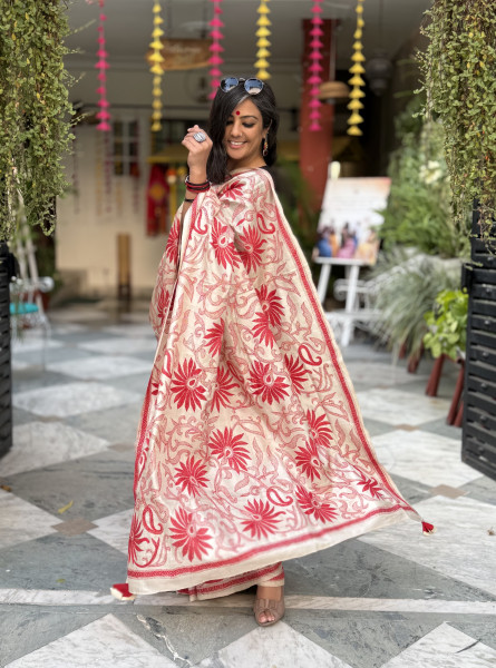 BEIGE KANTHA HAND EMBROIDERED TUSSAR  SILK SARI