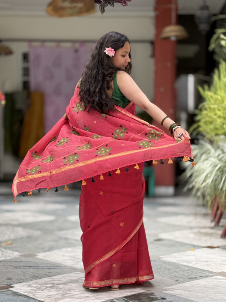 RED KOTA COTTON HAND EMBROIDERED SARI