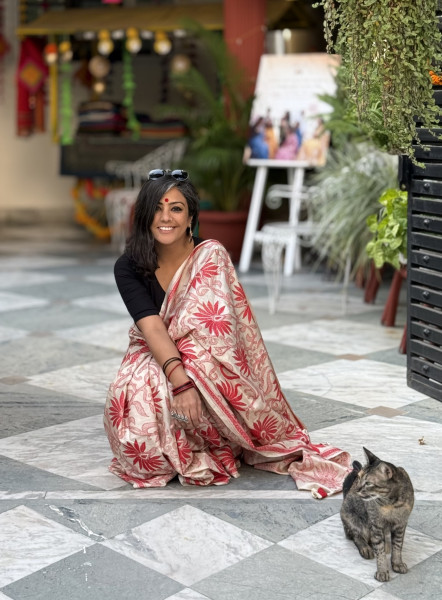 BEIGE KANTHA HAND EMBROIDERED TUSSAR  SILK SARI