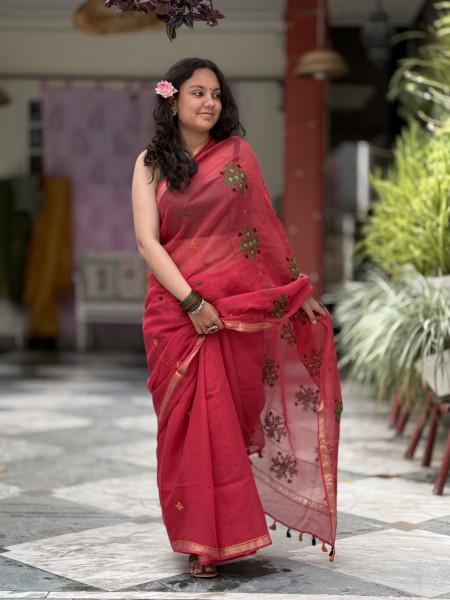 RED KOTA COTTON HAND EMBROIDERED SARI