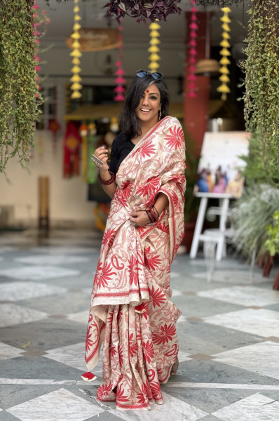 BEIGE KANTHA HAND EMBROIDERED TUSSAR  SILK SARI