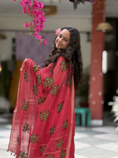 RED KOTA COTTON HAND EMBROIDERED SARI