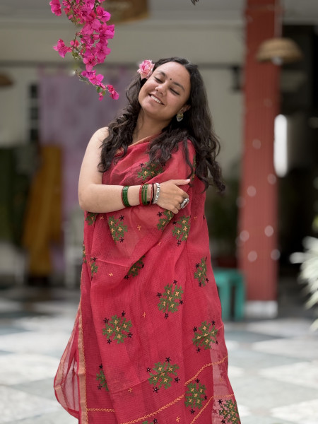 RED KOTA COTTON HAND EMBROIDERED SARI