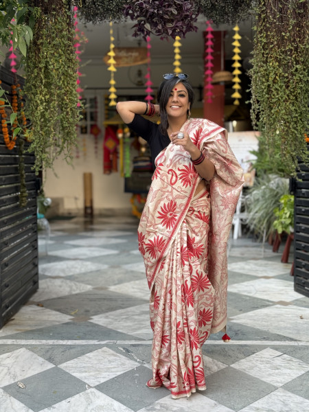 BEIGE KANTHA HAND EMBROIDERED TUSSAR  SILK SARI